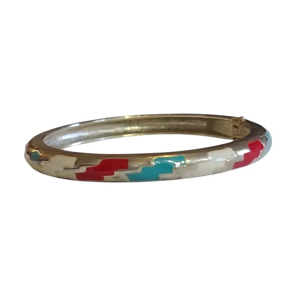 Vintage Silver Tone Hinged Enamel Bracelet Aztec Pattern